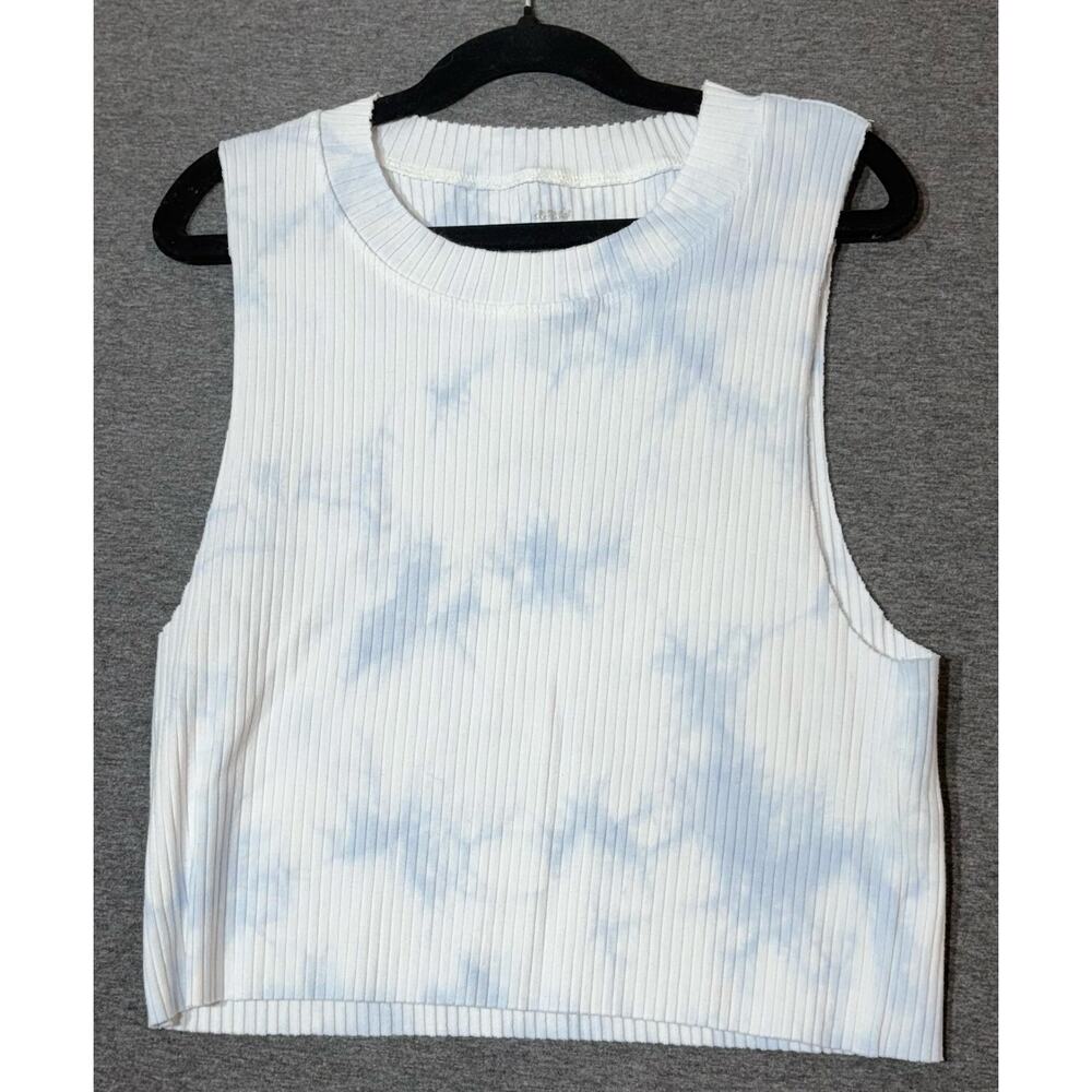 Aerie | Women's Blue White Juniors Sleeveless Ribbed Knit Crop Top | Large
